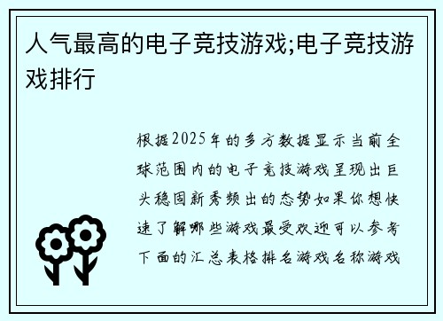 人气最高的电子竞技游戏;电子竞技游戏排行